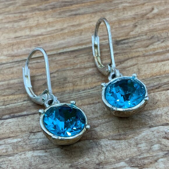 Dana Buchman Blue Crystal Dangling Lever Back Silver Tone Earrings - Picture 7 of 8